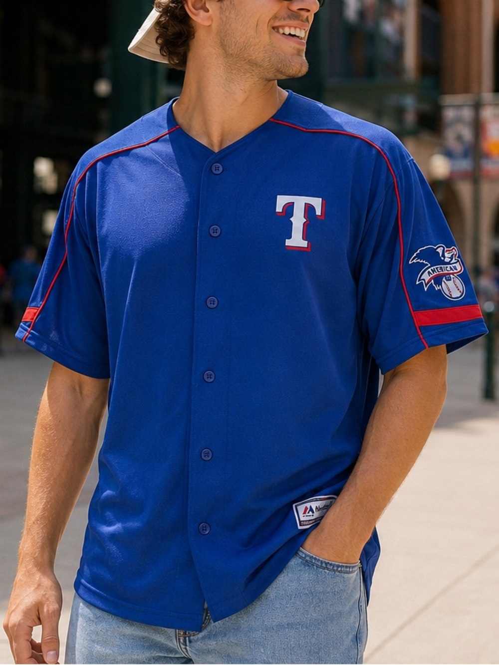 Texas Rangers Majestic MLB Baseball Jersey Men’s L Blue American League